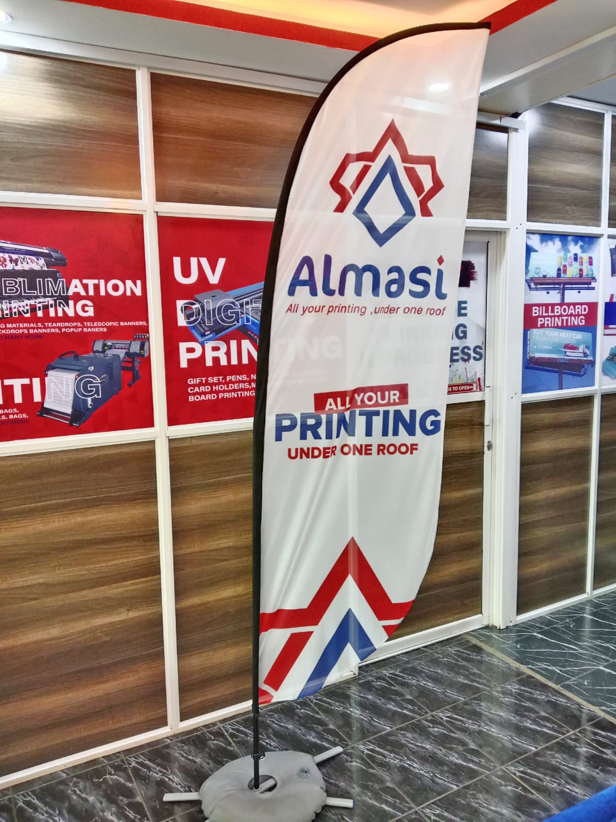Corporate feather and teardrop flags printed in Nairobi by Almasi Prints