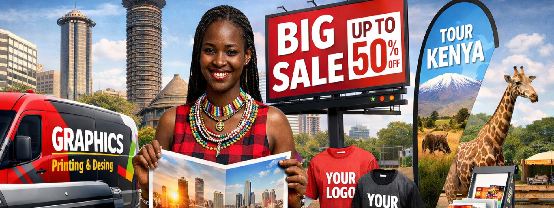 Almasi Prints display of pull-up, teardrop and feather banners branded for businesses in Nairobi