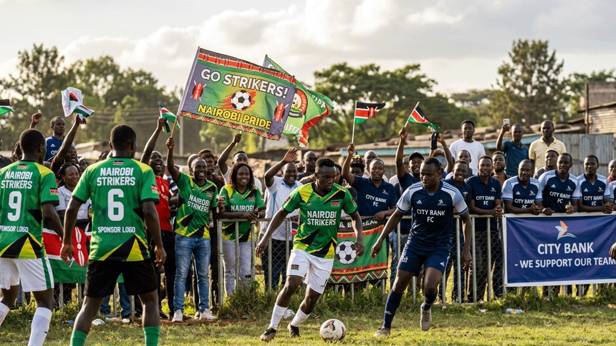 Branded custom football kits worn by rival teams during a match in Kenya, printed by Almasi Prints