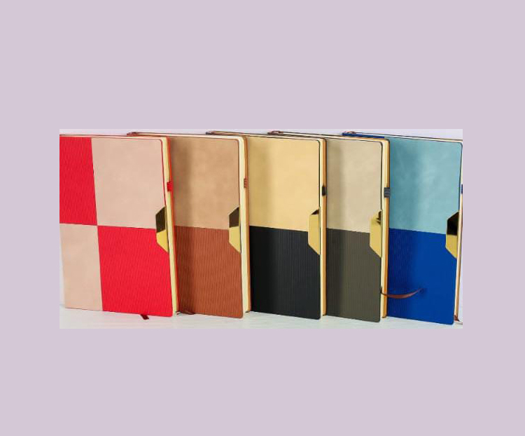 Corporate notebook and diary printing in Nairobi by Almasi Prints, showing five branded executive notebooks in different colourways