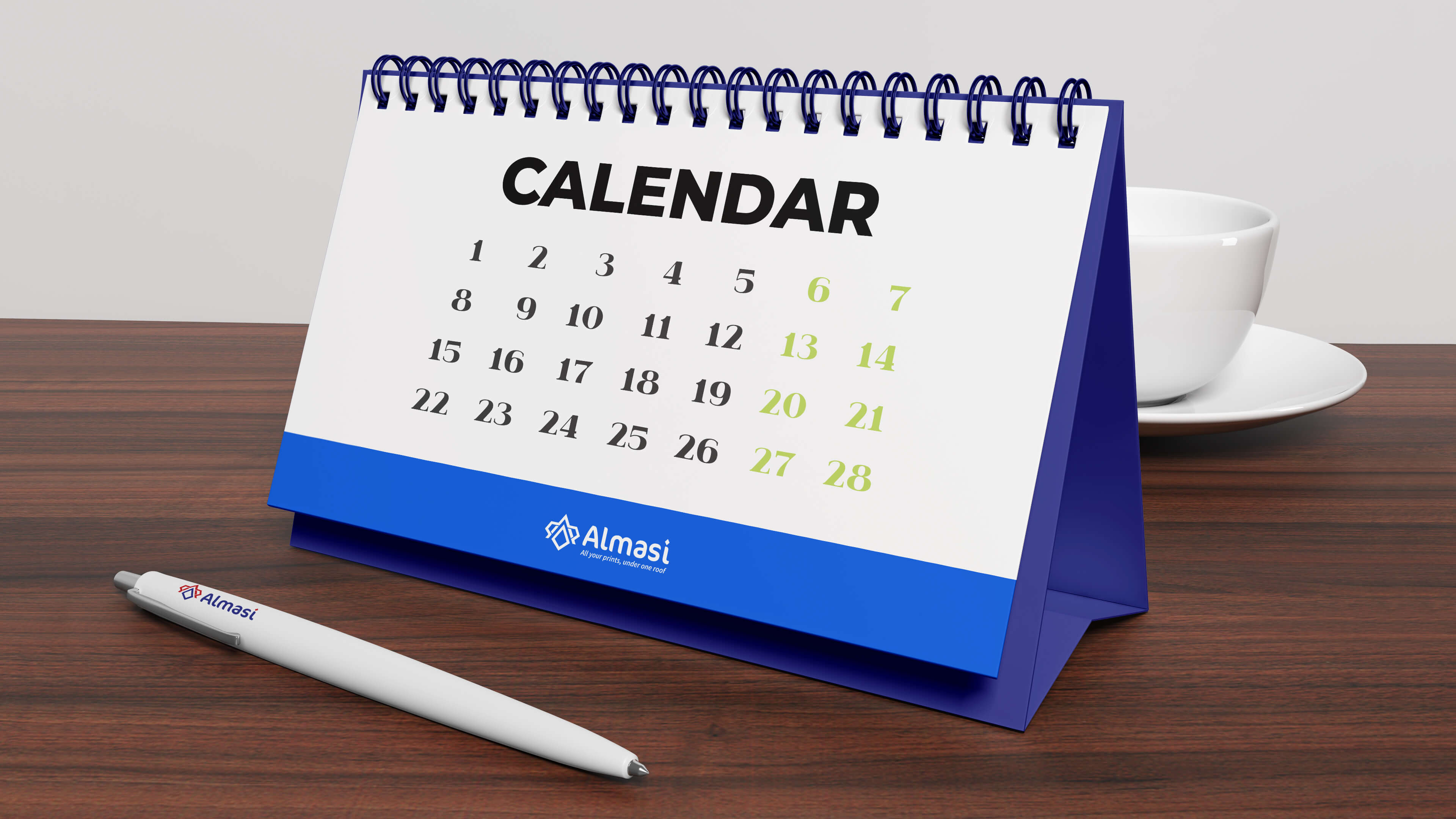 Branded desk calendar printing in Nairobi by Almasi Prints, showing an Almasi wire-bound desk calendar and branded pen