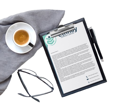 Branded company letterhead printing in Nairobi by Almasi Prints, shown on a clipboard with a pen and coffee cup