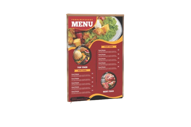 Restaurant menu printing in Nairobi by Almasi Prints, showing a full-colour food and beverage menu card