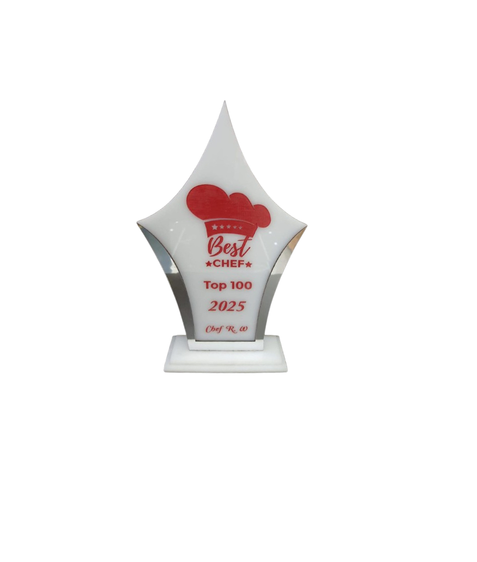 Bespoke award shape cut and branded by Almasi Prints in Nairobi, a Best Chef Top 100 acrylic award in a custom silhouette
