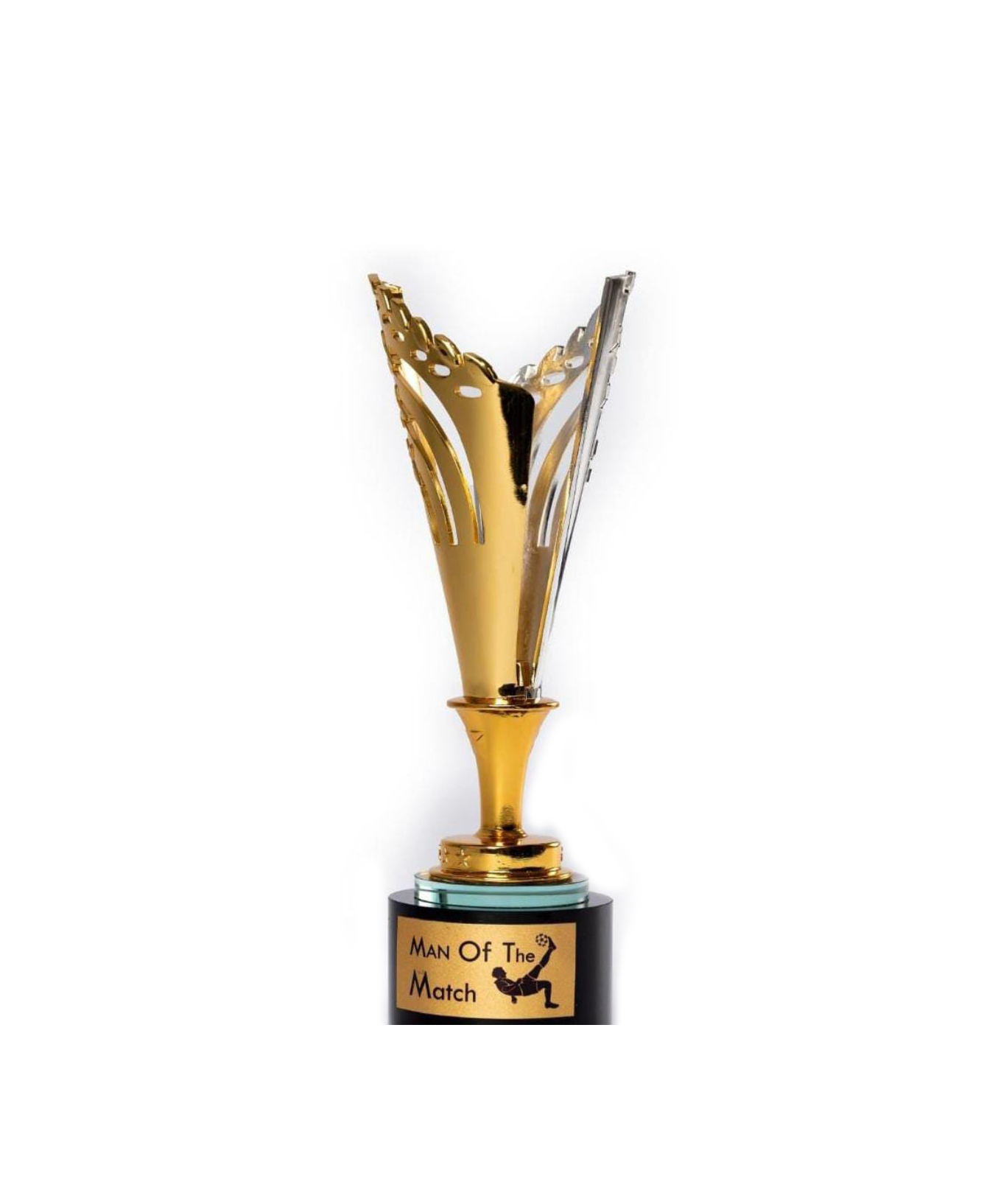 Trophy engraving in Nairobi by Almasi Prints, a gold Man of the Match cup trophy with an engraved presentation plate